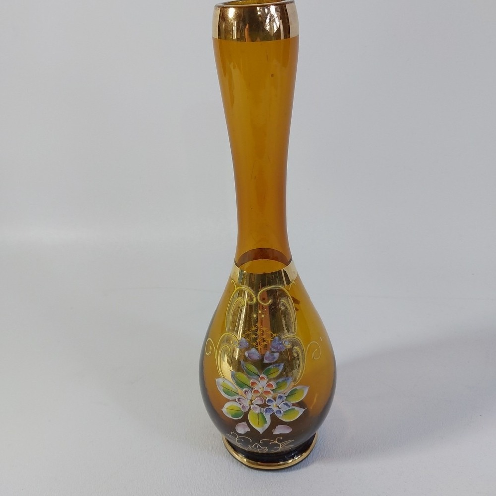 Vtg Bohemian Orange/Gold Ucagco Japan Glass Bud Vase Hand Painted Enamel Flowers
